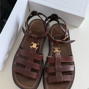Celine Dark Brown Leather Sandals with Gold Buckles